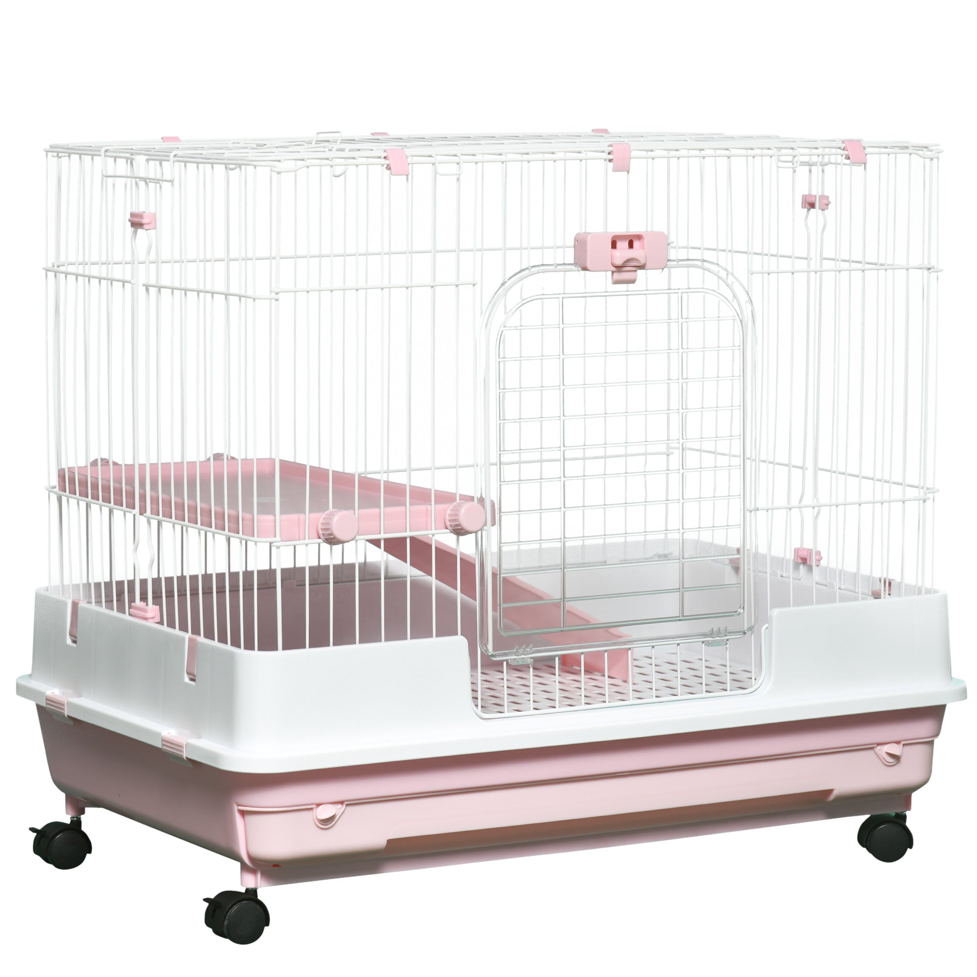 27"H 2-Level Small Animal Cage Rabbit Hutch with Universal Lockable Wheels, Slide-out Tray for Bunny, Chinchillas, Ferret, Pink