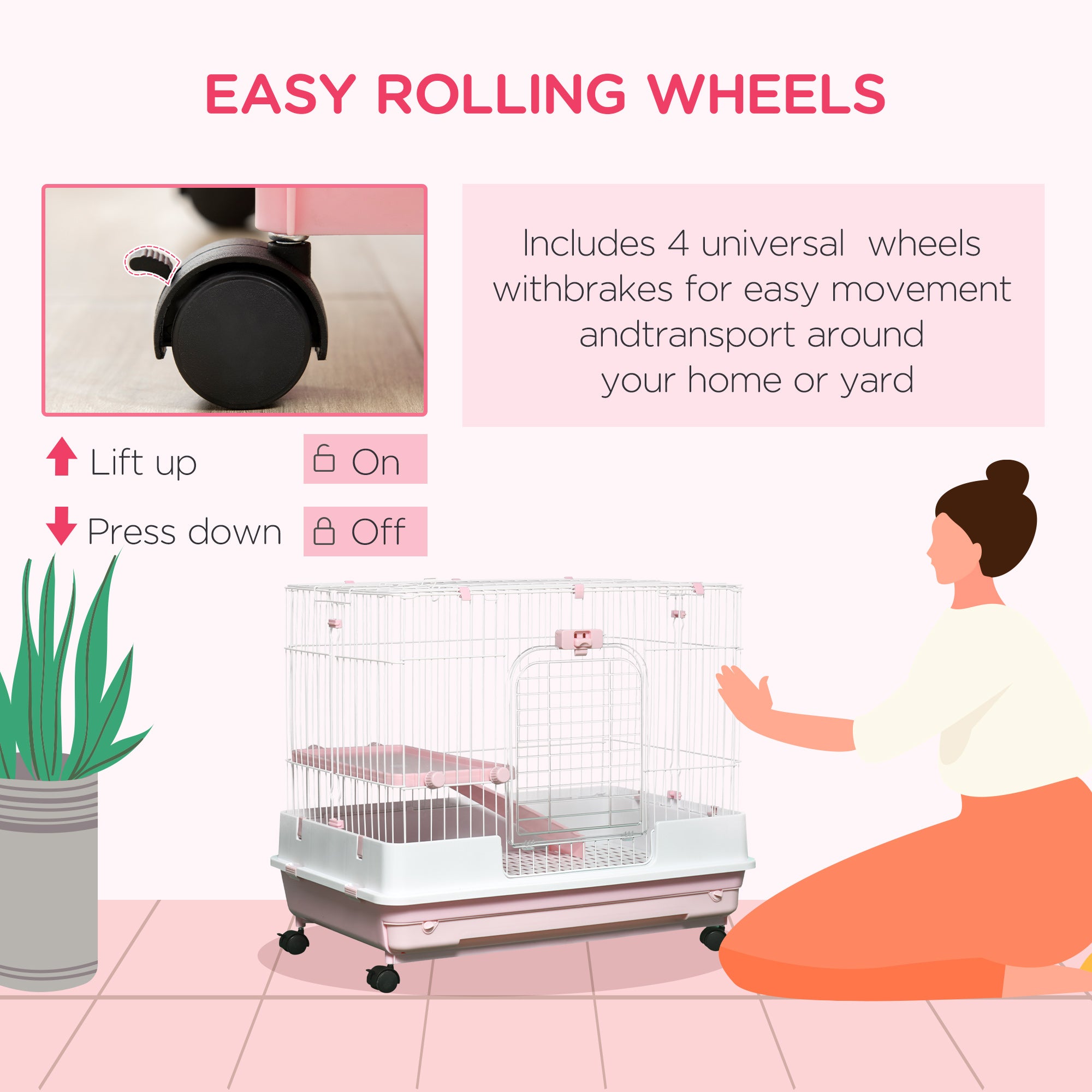 27"H 2-Level Small Animal Cage Rabbit Hutch with Universal Lockable Wheels, Slide-out Tray for Bunny, Chinchillas, Ferret, Pink
