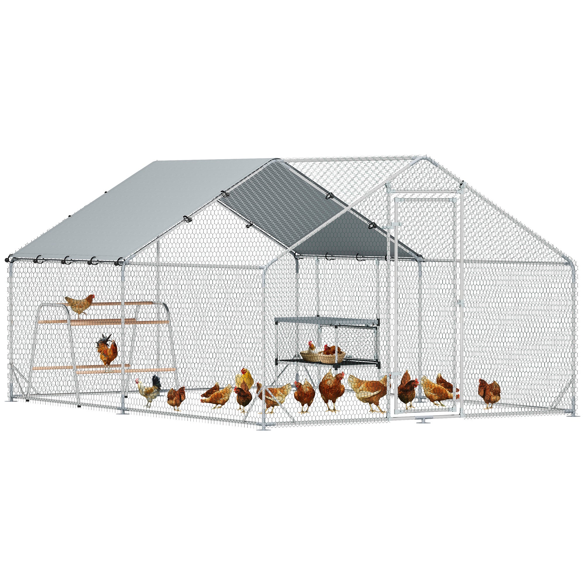 Large Metal Chicken Coop with Nesting Box, 9.8 x 13.1 x 6.4 ft Walk in Chicken Run for Yard with Waterproof Cover, Roosting Bars, for 12-18 Hens, Ducks, Rabbits, Poultries