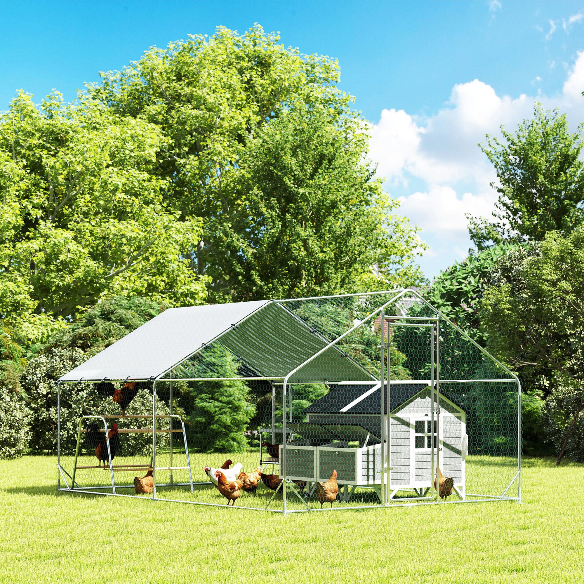 Large Metal Chicken Coop with Nesting Box, 9.8 x 13.1 x 6.4 ft Walk in Chicken Run for Yard with Waterproof Cover, Roosting Bars, for 12-18 Hens, Ducks, Rabbits, Poultries