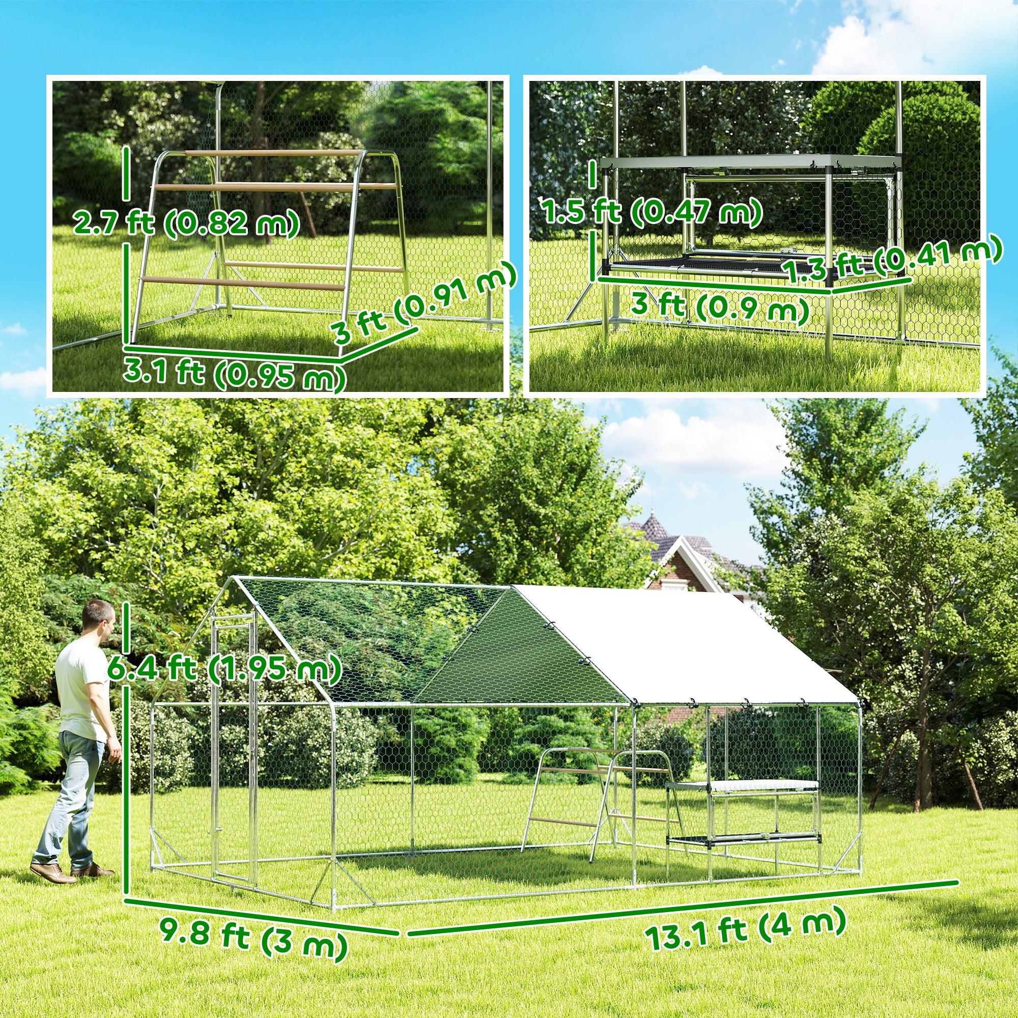 Large Metal Chicken Coop with Nesting Box, 9.8 x 13.1 x 6.4 ft Walk in Chicken Run for Yard with Waterproof Cover, Roosting Bars, for 12-18 Hens, Ducks, Rabbits, Poultries