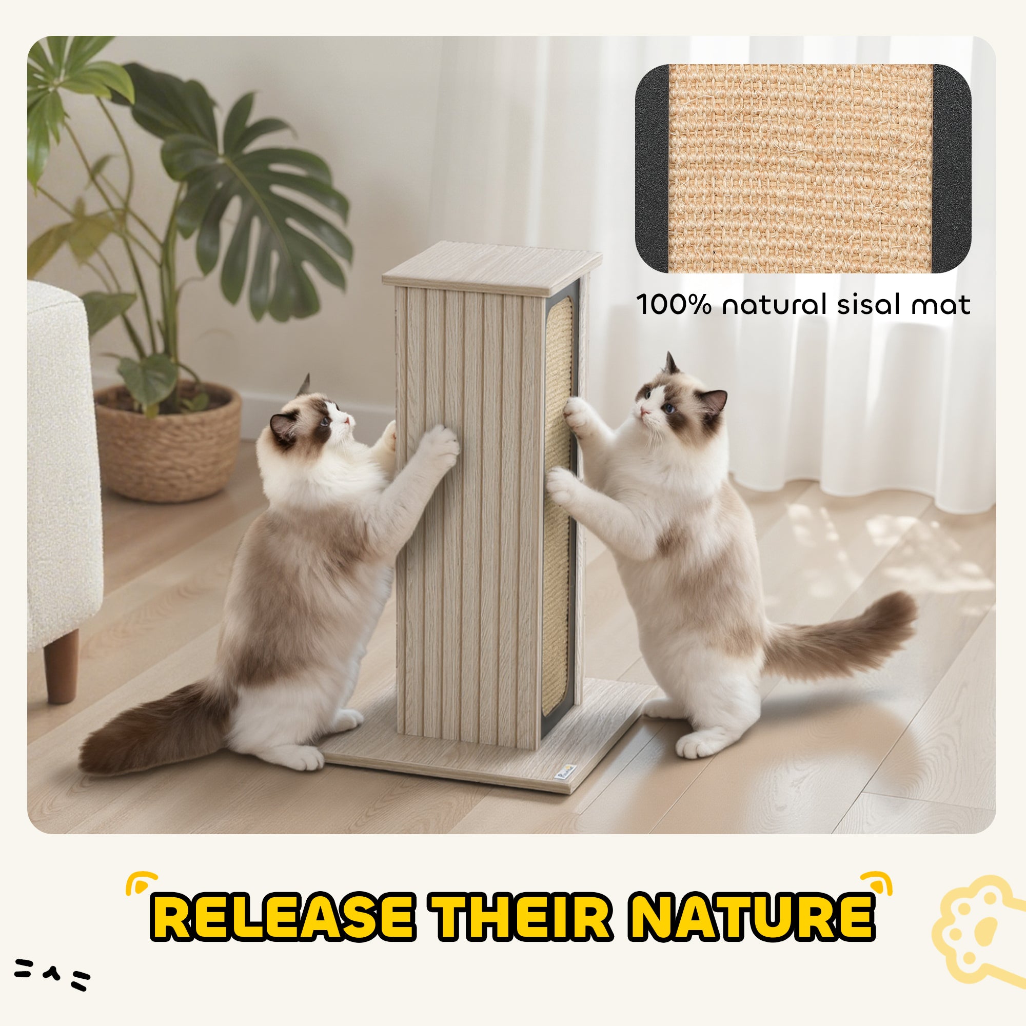 Cat Scratching Post, 63 cm Tall Scratcher with Replaceable Scratching Board, Top Perch, Natural Sisal Scratch Mat, for Large Cats and Kittens, Oak