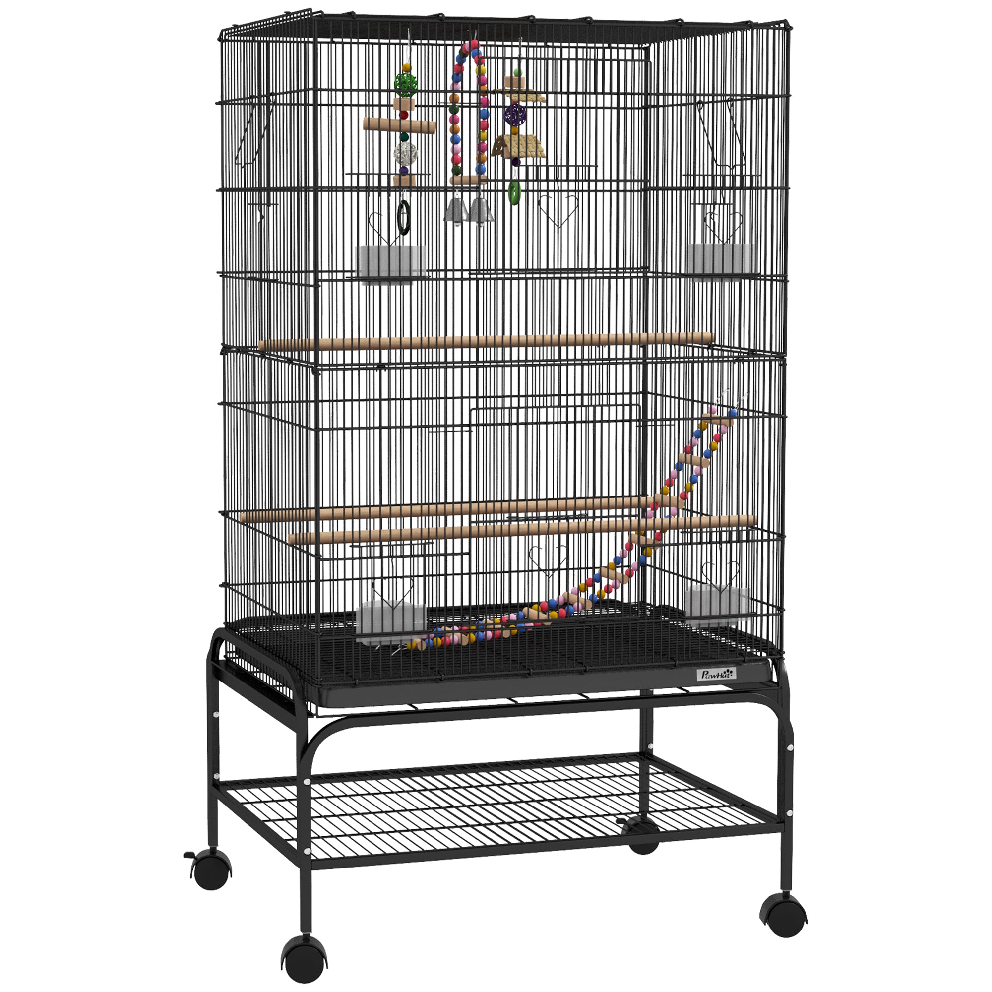 43" Bird Cage for Budgies Cockatiels Canaries Lovebirds Finches with Rolling Stand, Toys, Removable Tray, Storage Shelf, Black