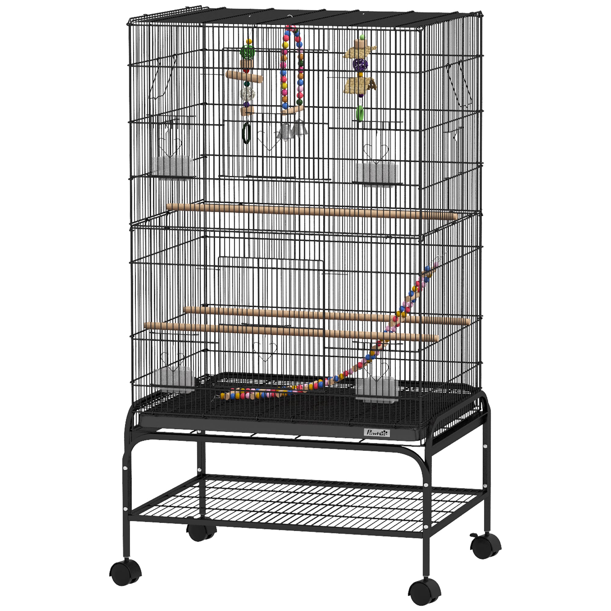43" Bird Cage for Budgies Cockatiels Canaries Lovebirds Finches with Rolling Stand, Toys, Removable Tray, Storage Shelf, Black
