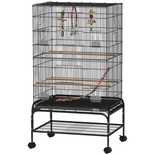 43" Bird Cage for Budgies Cockatiels Canaries Lovebirds Finches with Rolling Stand, Toys, Removable Tray, Storage Shelf, Black