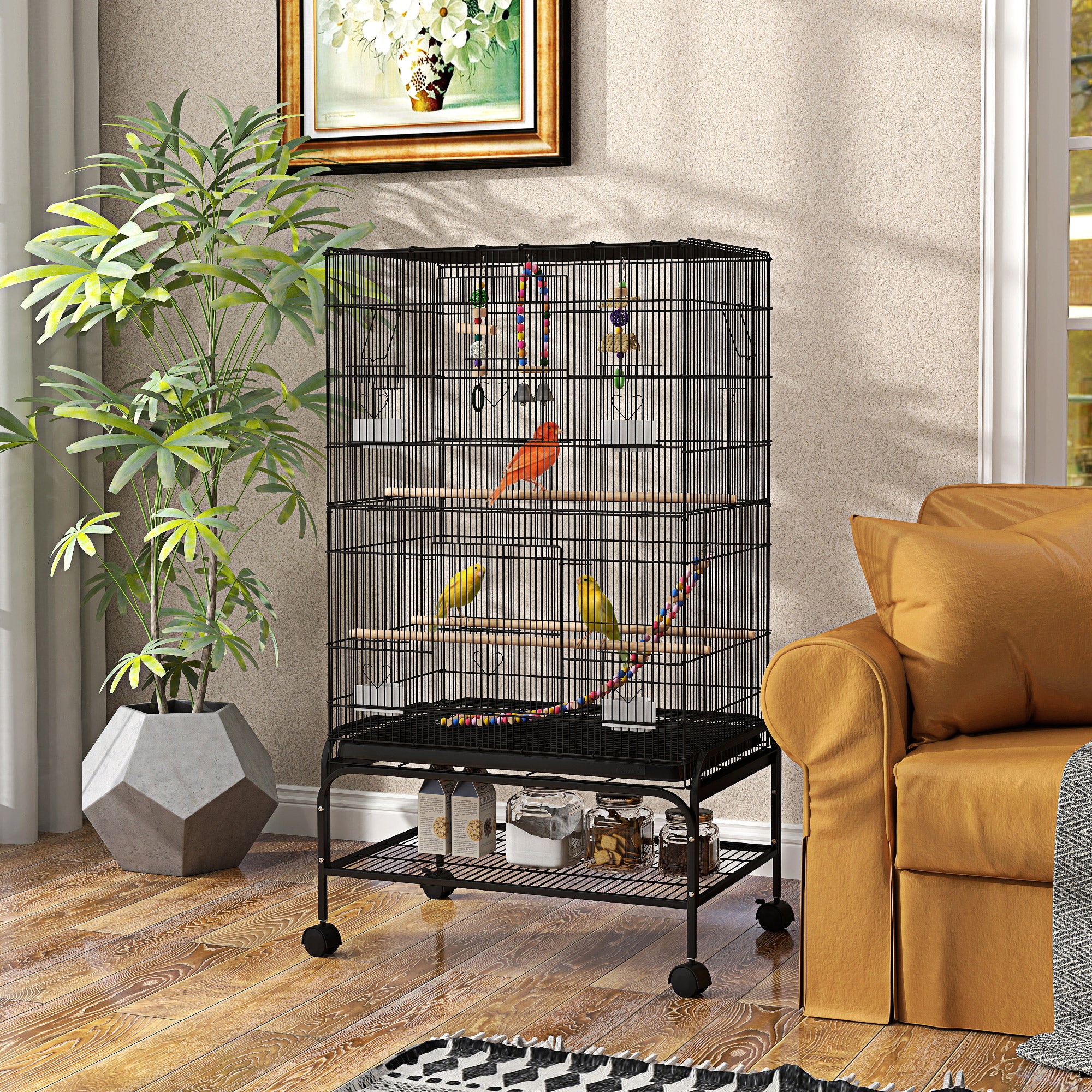 43" Bird Cage for Budgies Cockatiels Canaries Lovebirds Finches with Rolling Stand, Toys, Removable Tray, Storage Shelf, Black