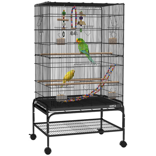 43" Bird Cage for Budgies Cockatiels Canaries Lovebirds Finches with Rolling Stand, Toys, Removable Tray, Storage Shelf, Black