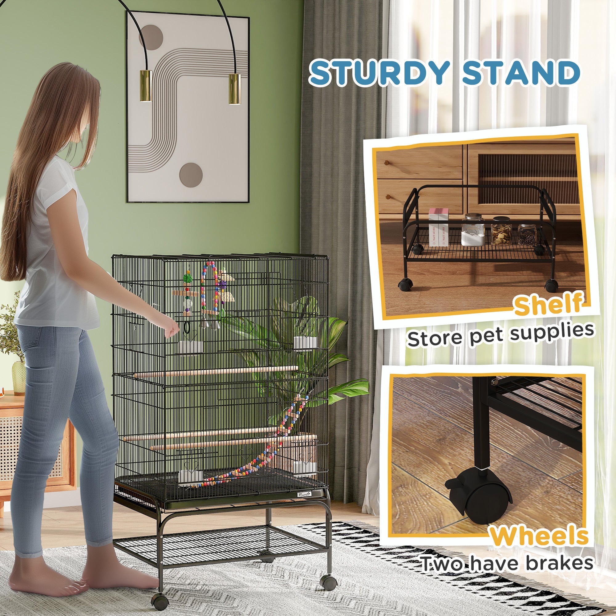 43" Bird Cage for Budgies Cockatiels Canaries Lovebirds Finches with Rolling Stand, Toys, Removable Tray, Storage Shelf, Black
