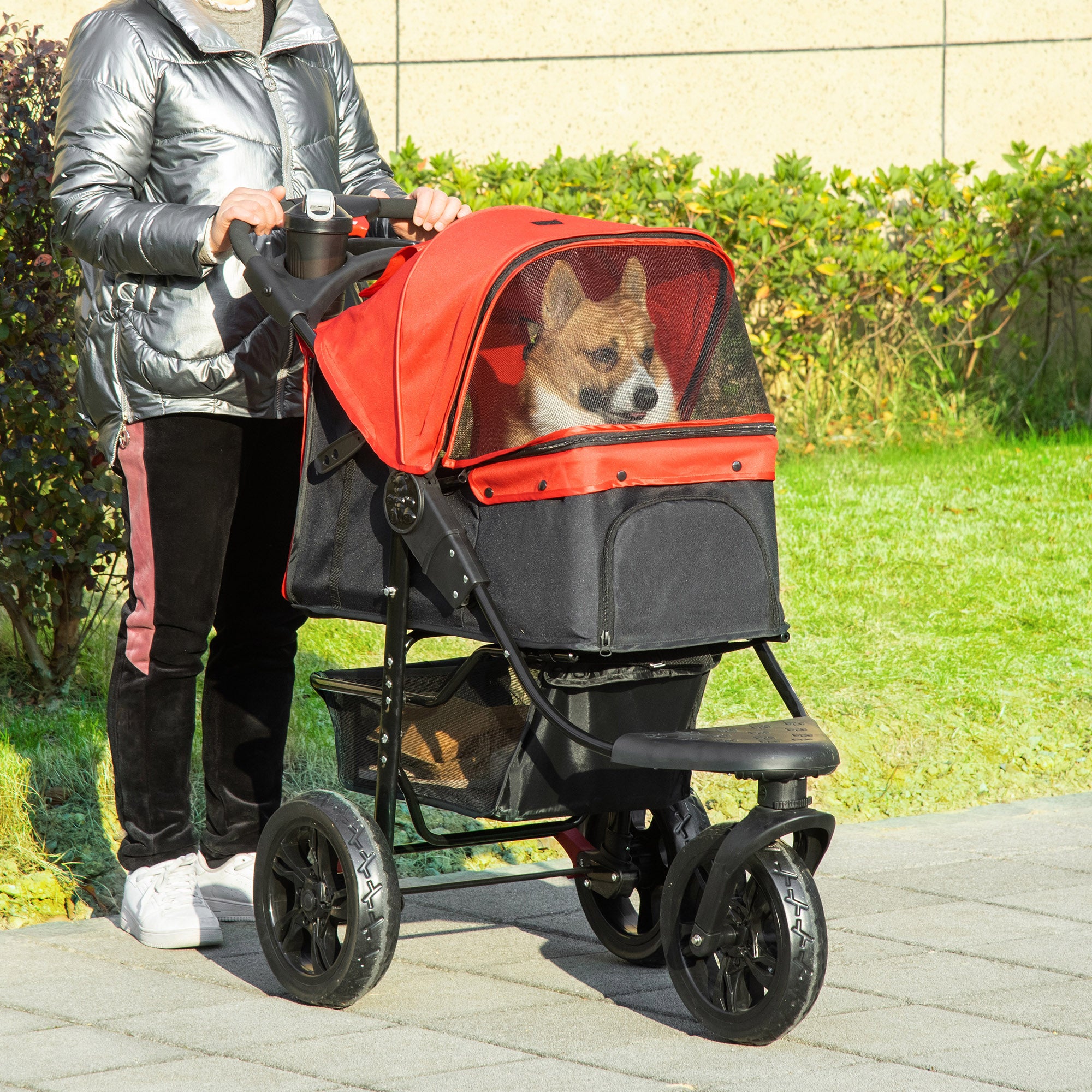 3 Wheel Dog Stroller, Folding Pet Stroller Jogger with Adjustable Canopy, Storage Basket, Mesh Window, Cupholder, for Small Dogs & Cats, Red