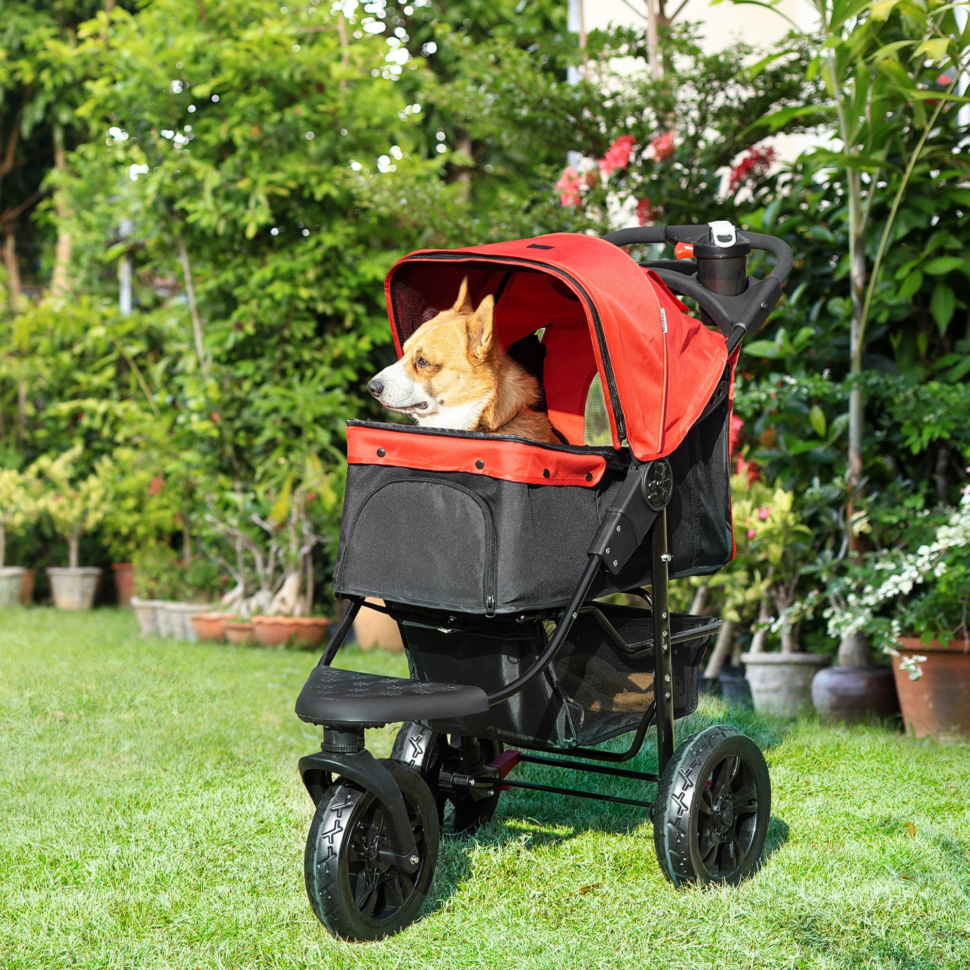 3 Wheel Dog Stroller, Folding Pet Stroller Jogger with Adjustable Canopy, Storage Basket, Mesh Window, Cupholder, for Small Dogs & Cats, Red