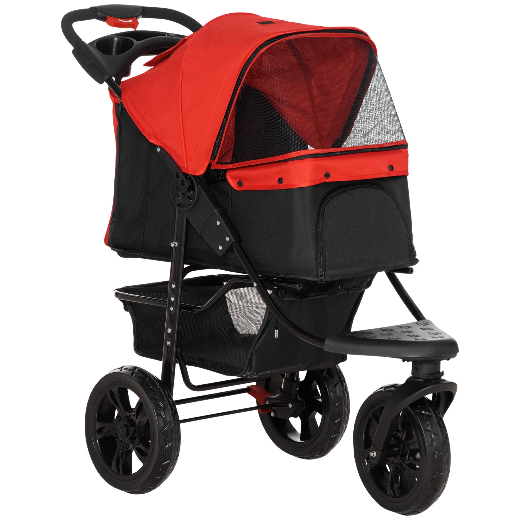 3 Wheel Dog Stroller, Folding Pet Stroller Jogger with Adjustable Canopy, Storage Basket, Mesh Window, Cupholder, for Small Dogs & Cats, Red