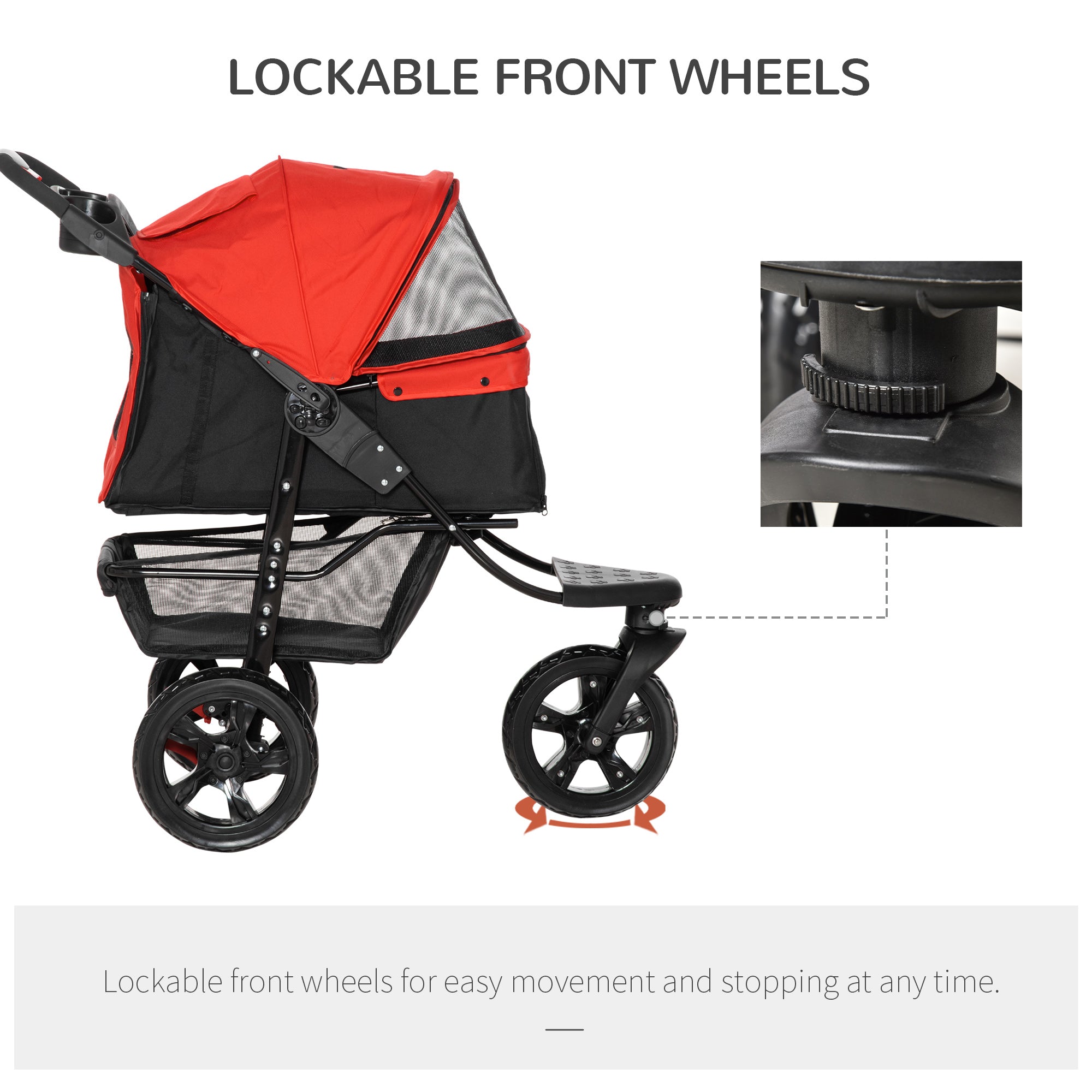 3 Wheel Dog Stroller, Folding Pet Stroller Jogger with Adjustable Canopy, Storage Basket, Mesh Window, Cupholder, for Small Dogs & Cats, Red
