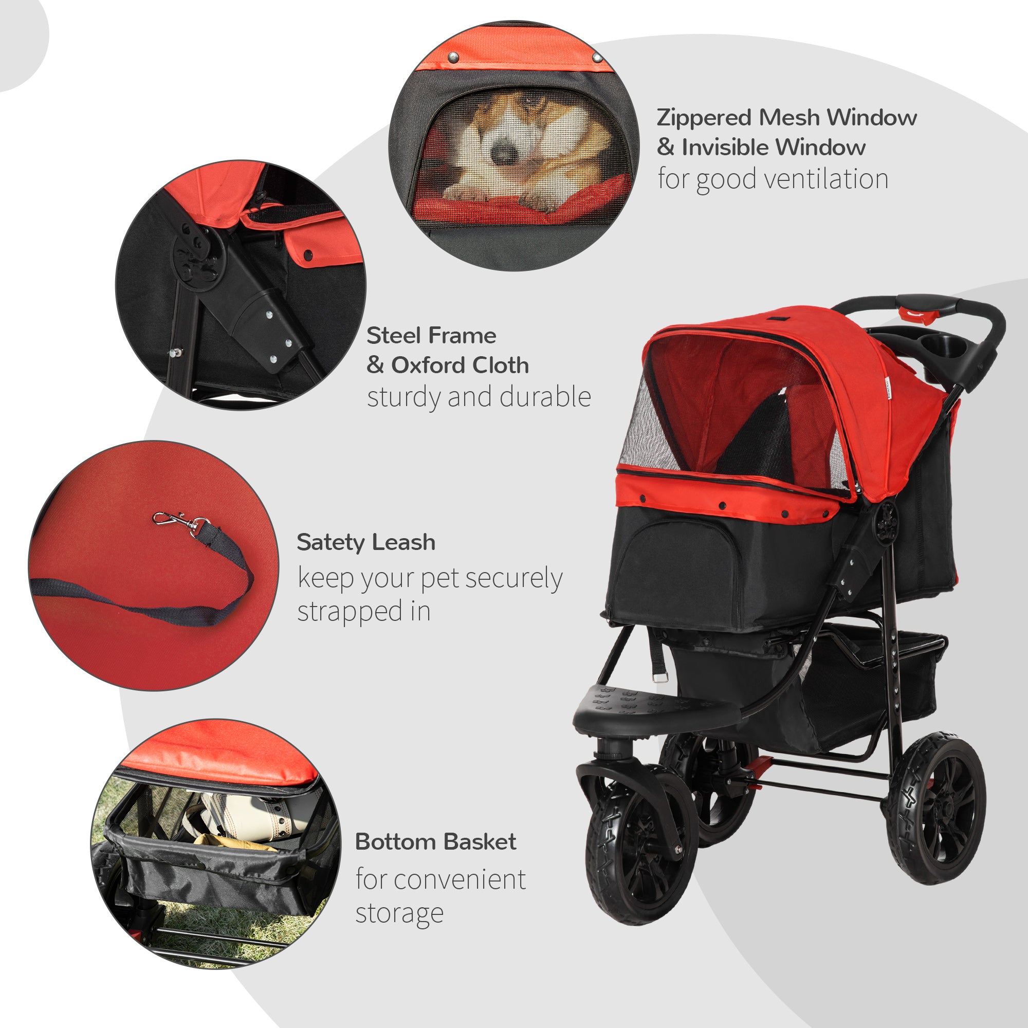 3 Wheel Dog Stroller, Folding Pet Stroller Jogger with Adjustable Canopy, Storage Basket, Mesh Window, Cupholder, for Small Dogs & Cats, Red