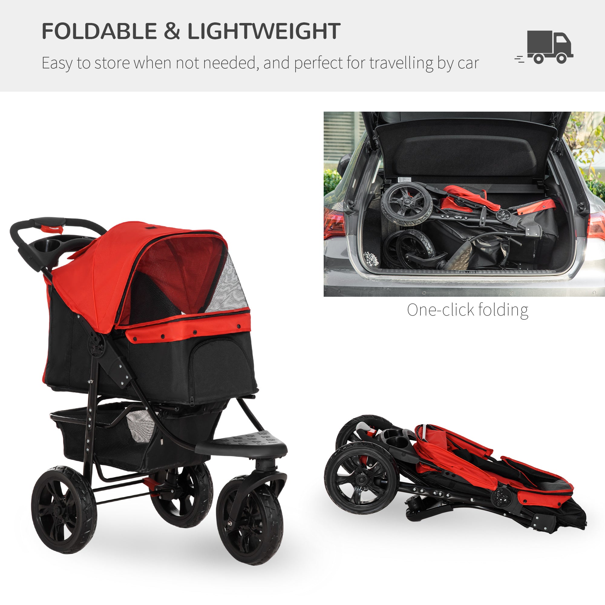 3 Wheel Dog Stroller, Folding Pet Stroller Jogger with Adjustable Canopy, Storage Basket, Mesh Window, Cupholder, for Small Dogs & Cats, Red