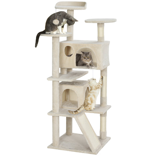 54" Cat Tree, Cat Tower for Indoor Cats with Scratching Posts, Cat Condos, Bed, Platforms, Ramp, Toy Ball, Cat Activity Center, Beige