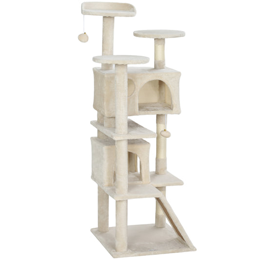 54" Cat Tree, Cat Tower for Indoor Cats with Scratching Posts, Cat Condos, Bed, Platforms, Ramp, Toy Ball, Cat Activity Center, Beige
