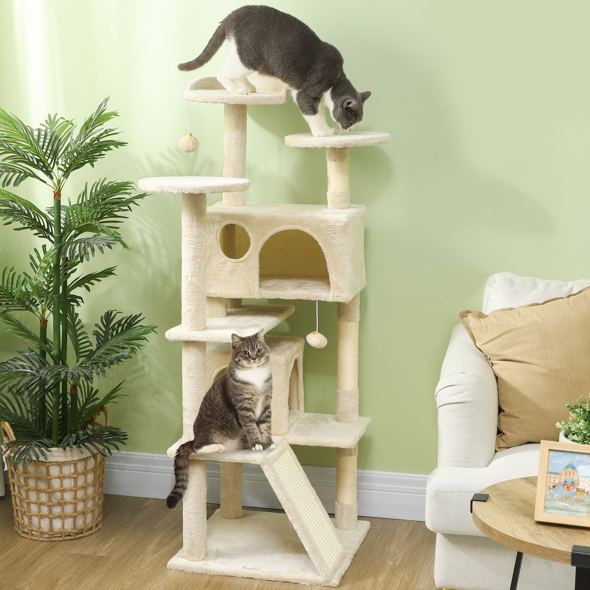 54" Cat Tree, Cat Tower for Indoor Cats with Scratching Posts, Cat Condos, Bed, Platforms, Ramp, Toy Ball, Cat Activity Center, Beige