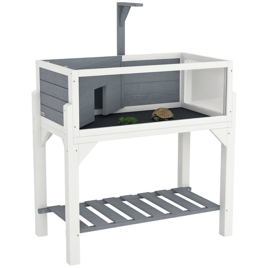 Tortoise Habitat with Storage Shelf, Wooden Tortoise Enclosure with Clear Windows, Lamp Holder, Openable Top, Built-in Tray, Reptile Cage for Indoor Outdoor Use, Gray