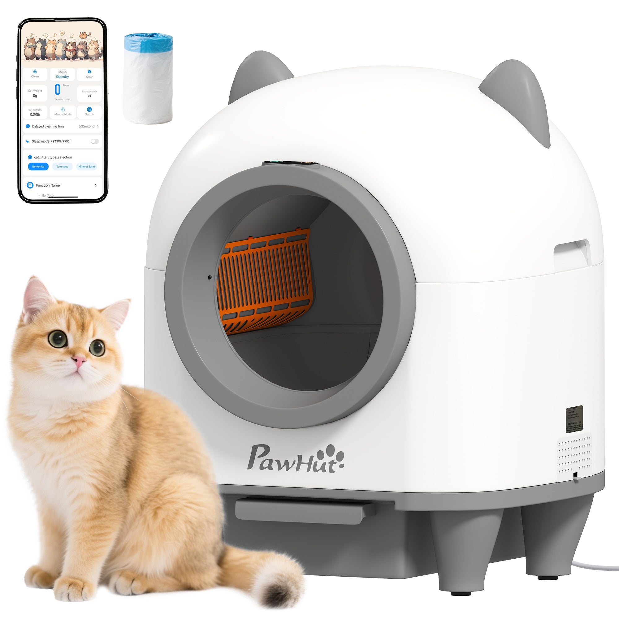 Automatic Cat Litter Box, 80L Extra Large Self Cleaning Litter Box for Multiple Cats with App Control, Odor Isolation, Safety Protection, Anti-Pinch, 1 Roll Garbage Bag