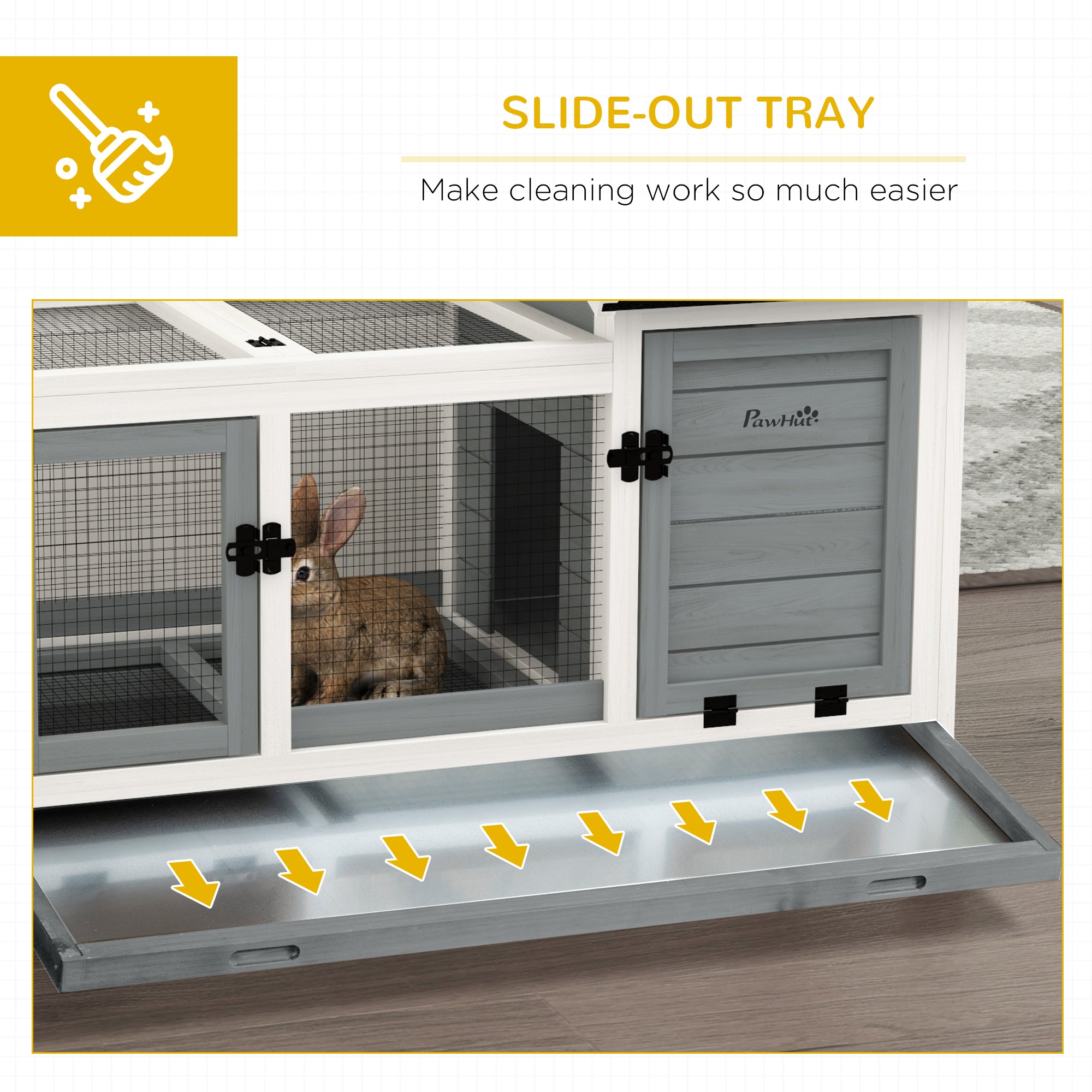 Indoor Rabbit Hutch with Wheels, Bunny Cage with Ramp, Run, Pull Out Tray, Suitable for Rabbit, Guinea Pig, Grey