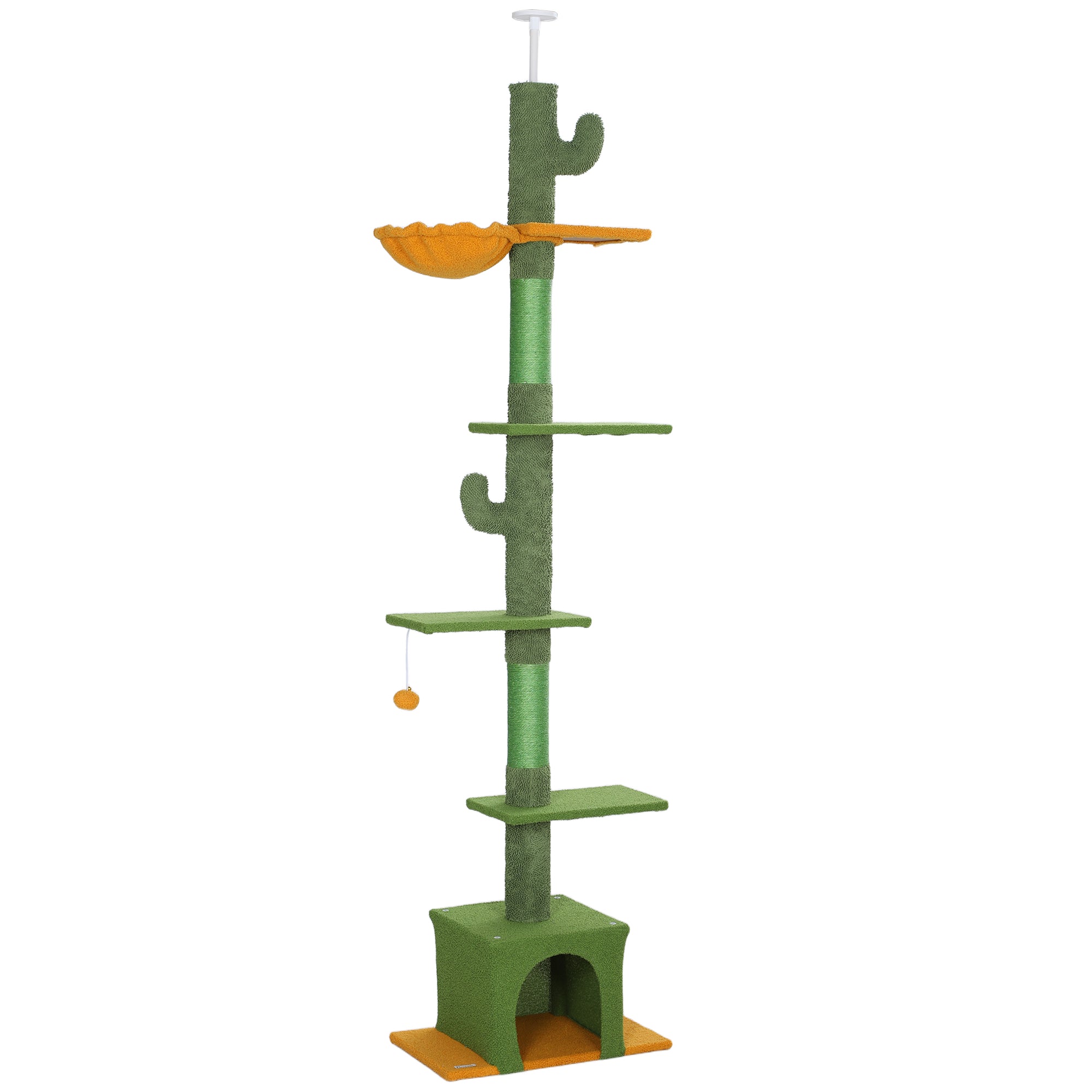 Floor to Ceiling Cat Tree, Cat Tower with 90.5"-108" Adjustable Height, 5 Tier Activity Centre with Scratching Posts, Hammock, Condo, Toy Ball for Indoor Cats, Green