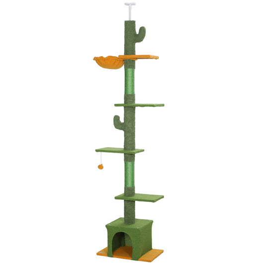 Floor to Ceiling Cat Tree, Cat Tower with 90.5"-108" Adjustable Height, 5 Tier Activity Centre with Scratching Posts, Hammock, Condo, Toy Ball for Indoor Cats, Green