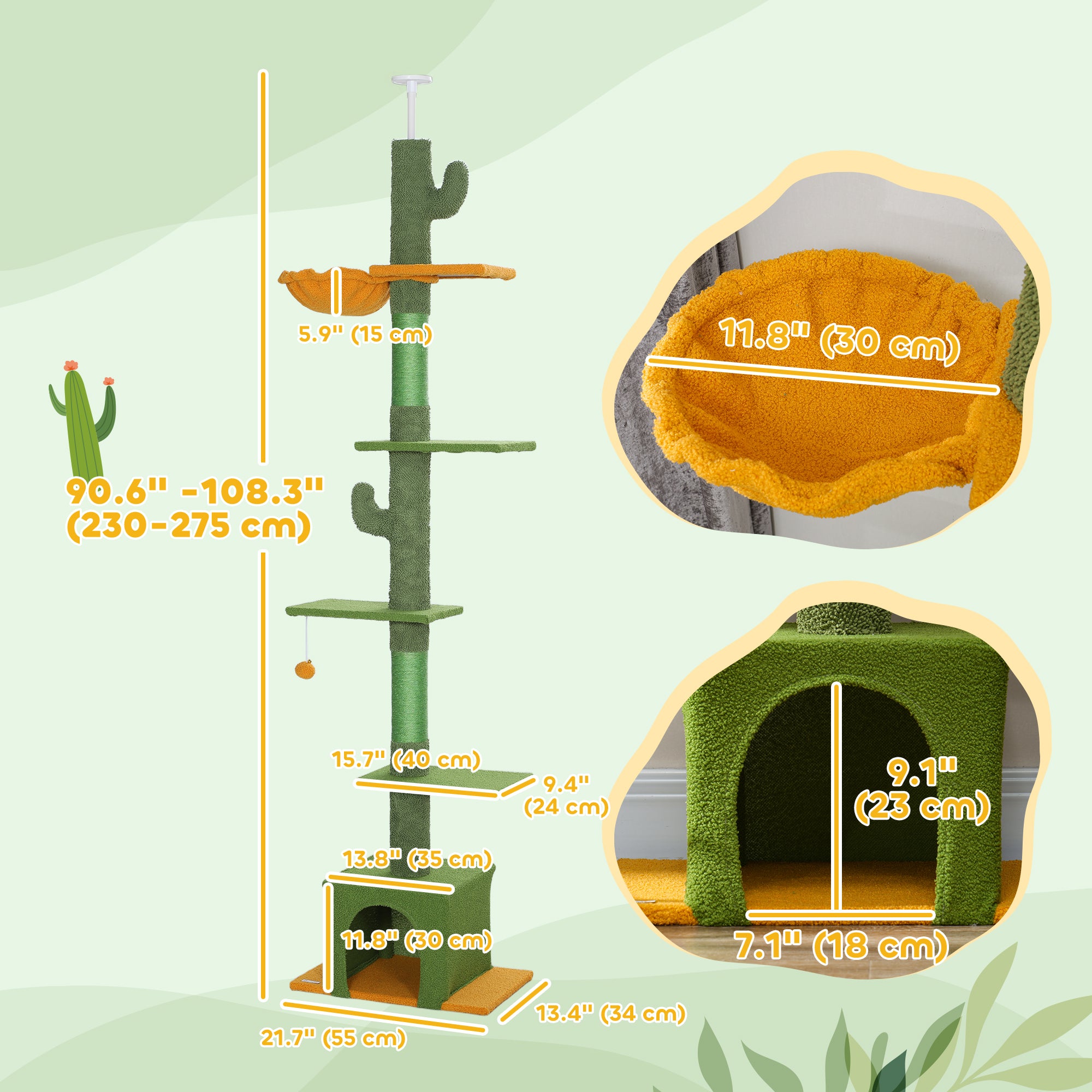 Floor to Ceiling Cat Tree, Cat Tower with 90.5"-108" Adjustable Height, 5 Tier Activity Centre with Scratching Posts, Hammock, Condo, Toy Ball for Indoor Cats, Green