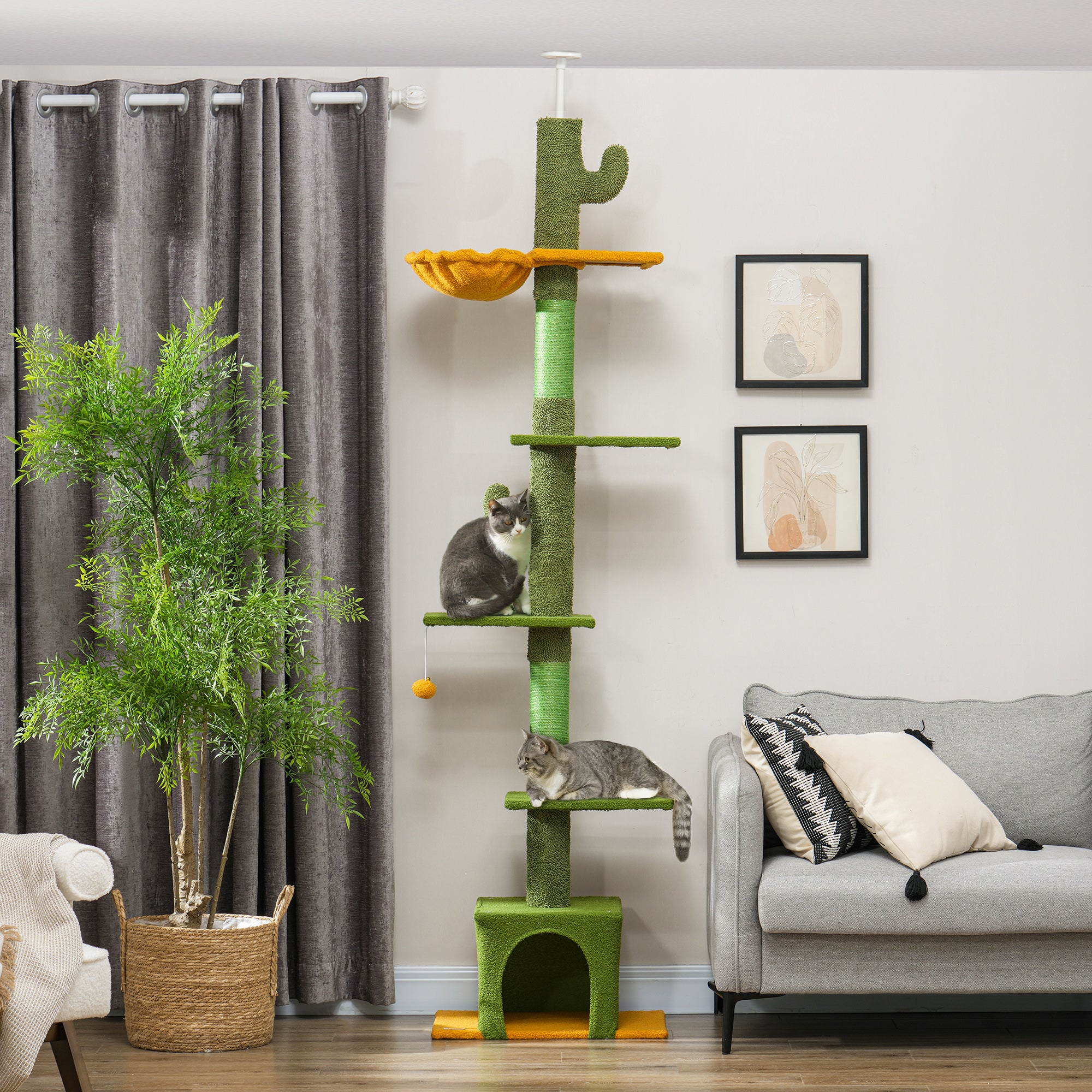 Floor to Ceiling Cat Tree, Cat Tower with 90.5"-108" Adjustable Height, 5 Tier Activity Centre with Scratching Posts, Hammock, Condo, Toy Ball for Indoor Cats, Green