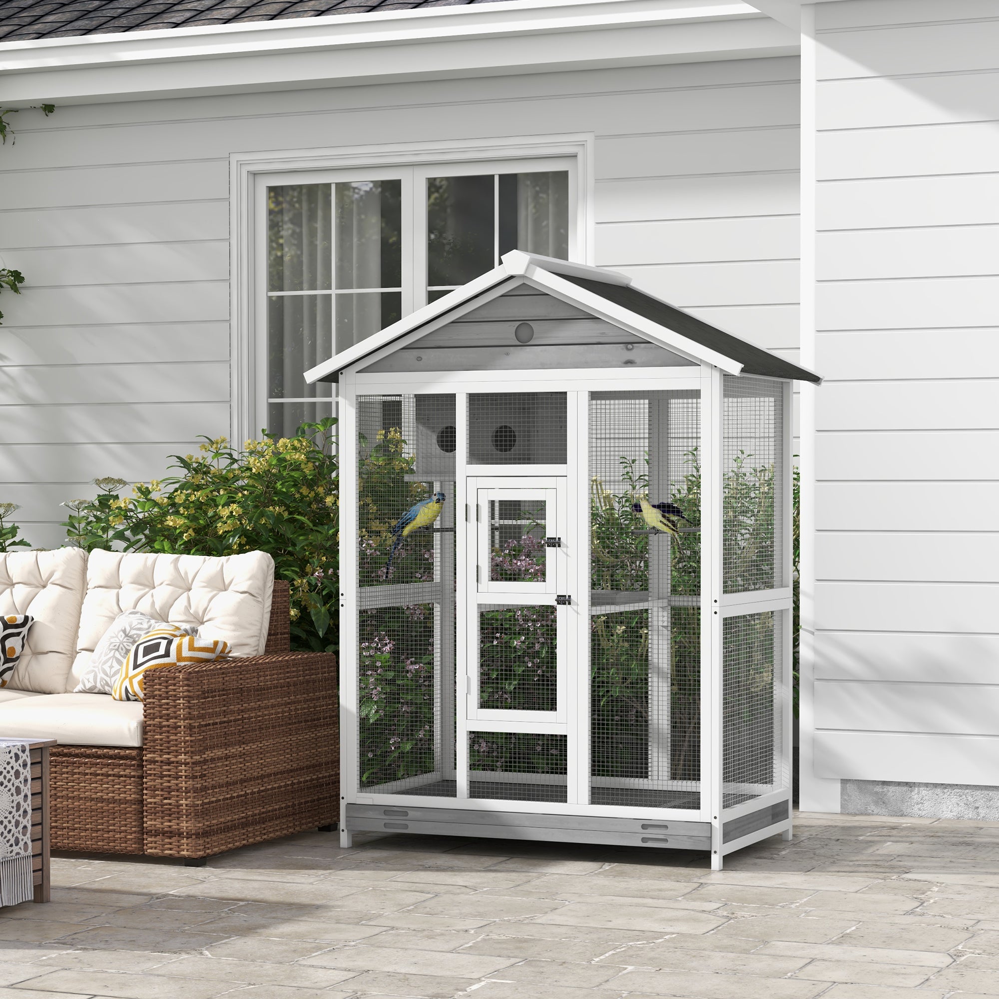 65" Bird Cage Large Wooden Aviary for Canary with Standing Pole Nest Slide-out Tray, for Indoor Outdoor, Grey
