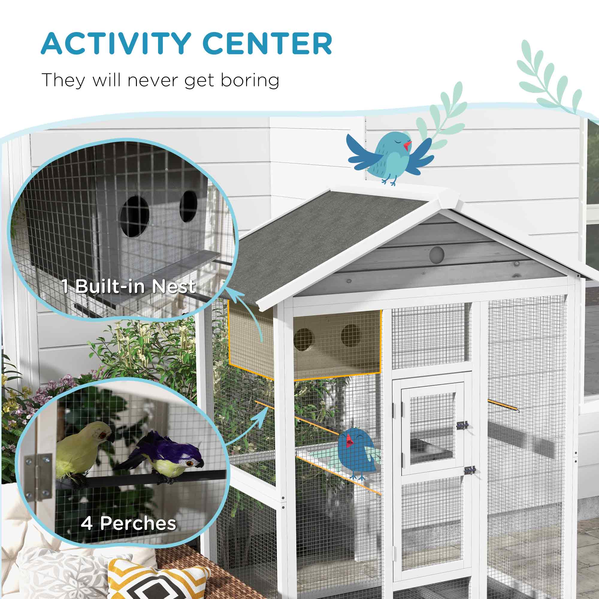 65" Bird Cage Large Wooden Aviary for Canary with Standing Pole Nest Slide-out Tray, for Indoor Outdoor, Grey