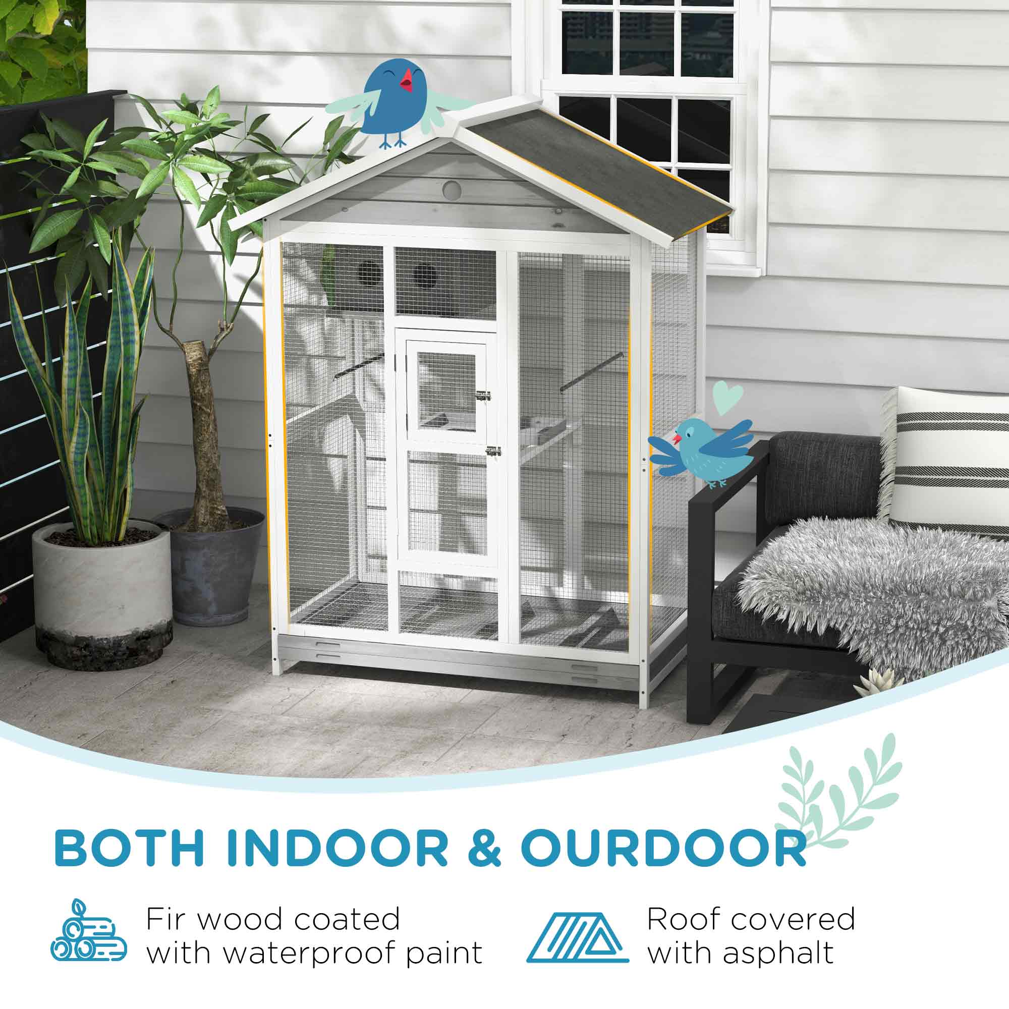 65" Bird Cage Large Wooden Aviary for Canary with Standing Pole Nest Slide-out Tray, for Indoor Outdoor, Grey