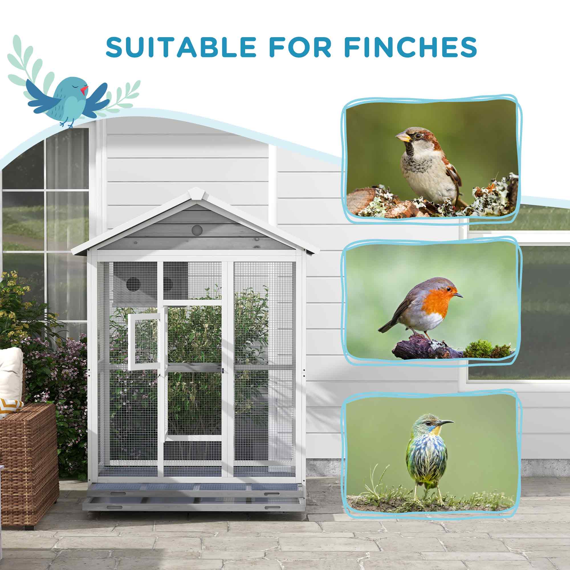 65" Bird Cage Large Wooden Aviary for Canary with Standing Pole Nest Slide-out Tray, for Indoor Outdoor, Grey