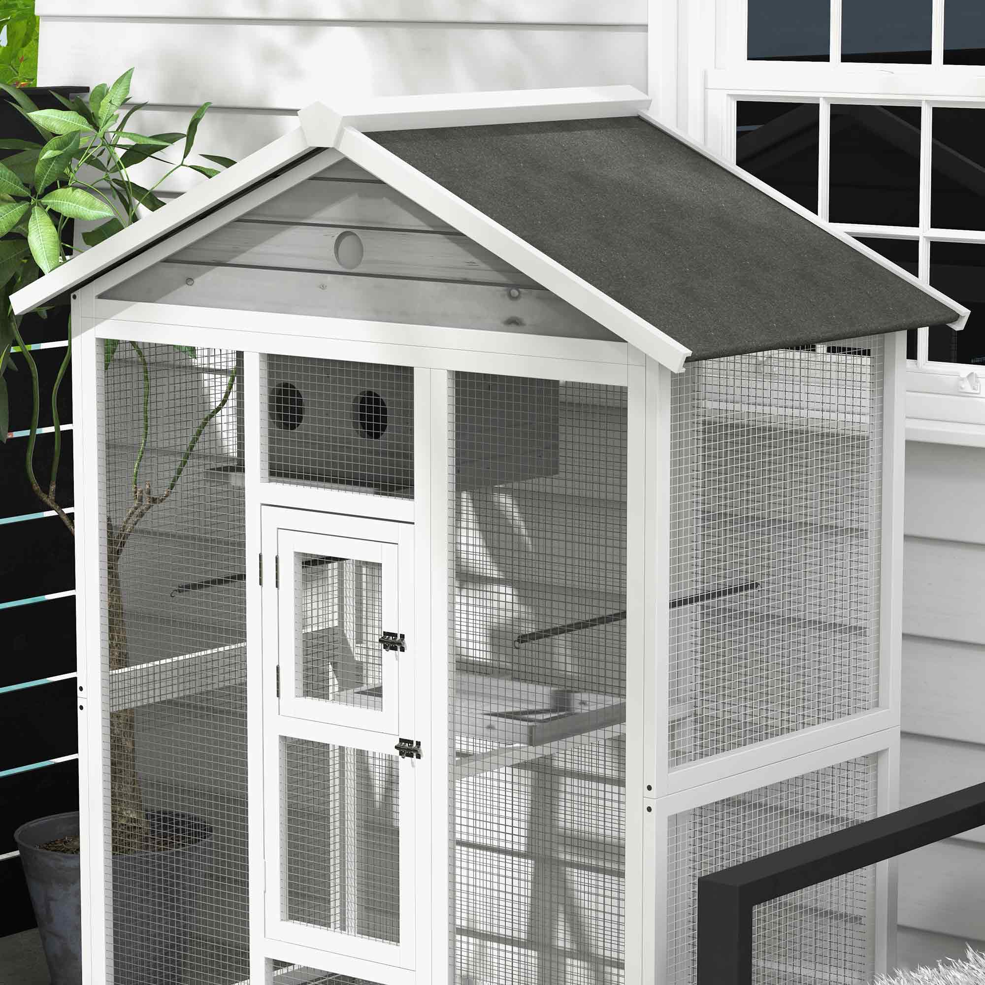 65" Bird Cage Large Wooden Aviary for Canary with Standing Pole Nest Slide-out Tray, for Indoor Outdoor, Grey