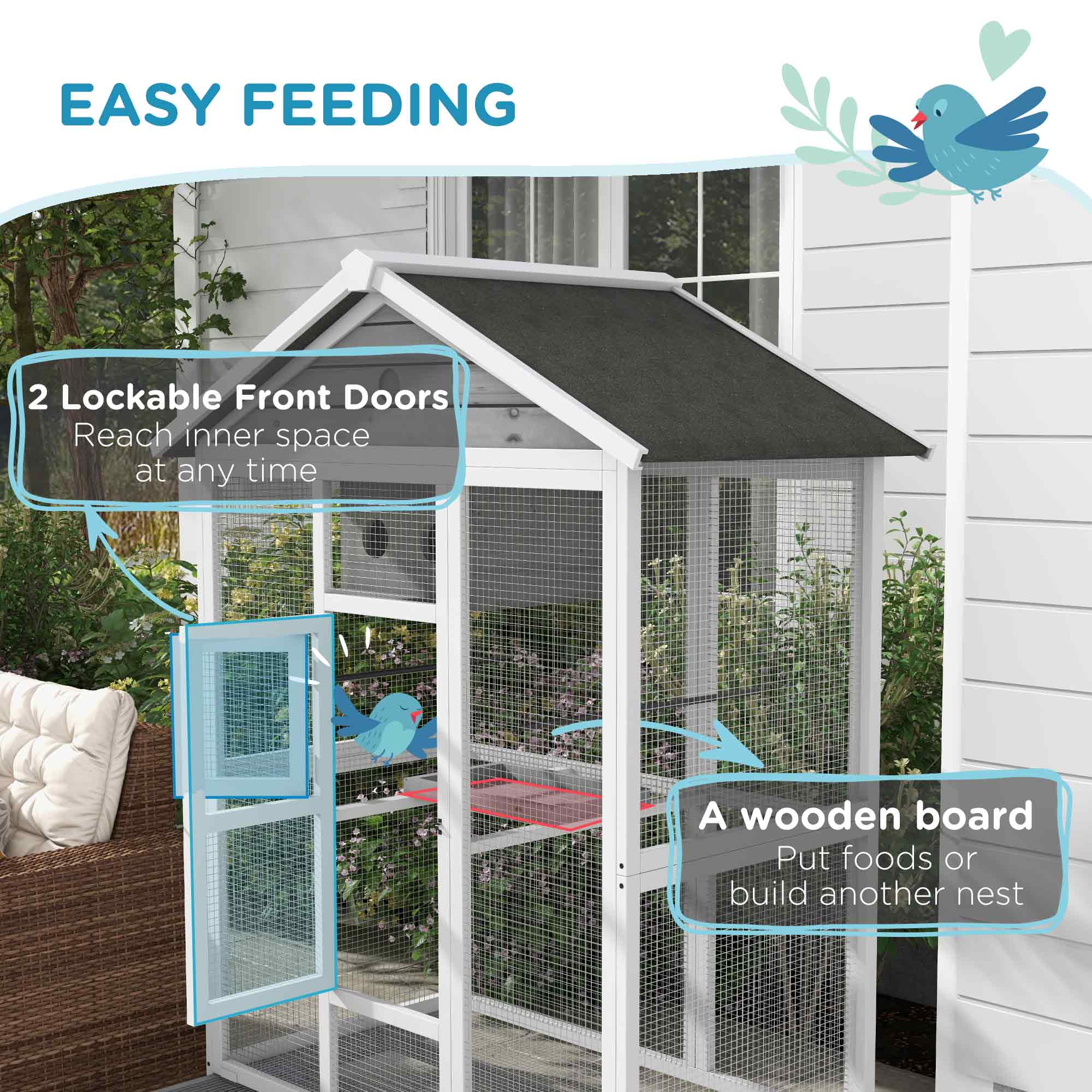 65" Bird Cage Large Wooden Aviary for Canary with Standing Pole Nest Slide-out Tray, for Indoor Outdoor, Grey