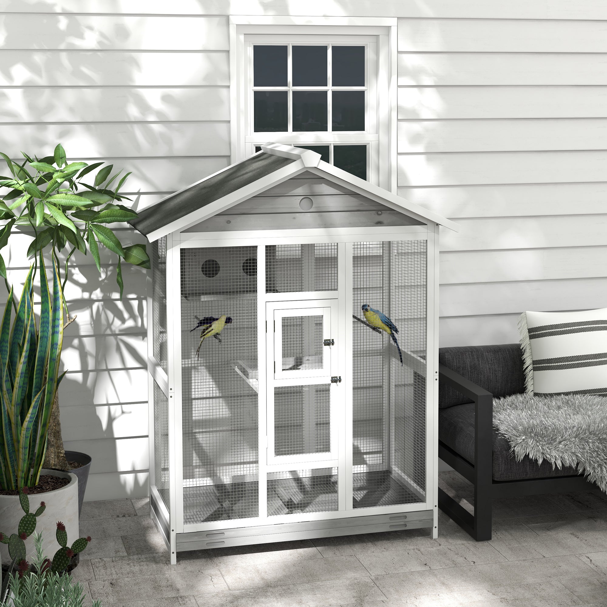 65" Bird Cage Large Wooden Aviary for Canary with Standing Pole Nest Slide-out Tray, for Indoor Outdoor, Grey