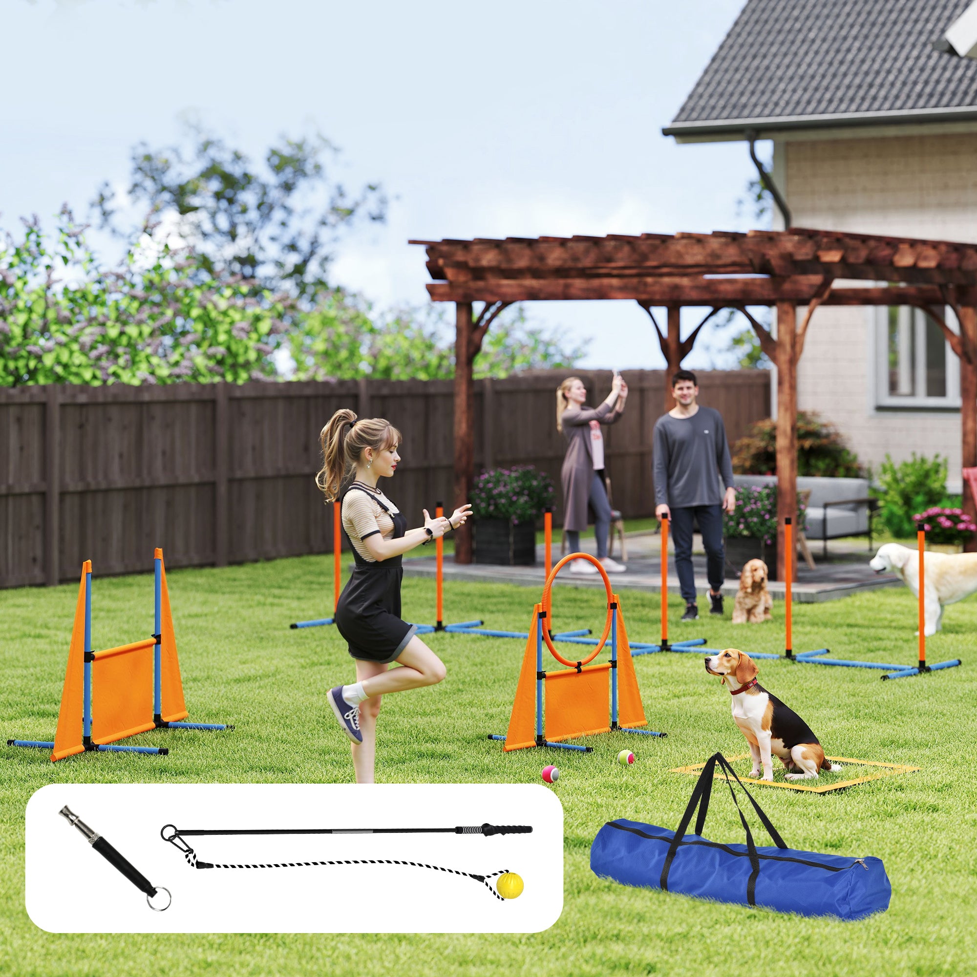 Dog Agility Equipment, 7-Piece Pet Agility Training Set with Weave Poles, Jump Ring, Hurdle, Pause Box, Bag, Obstacle Training Course Kit, Orange