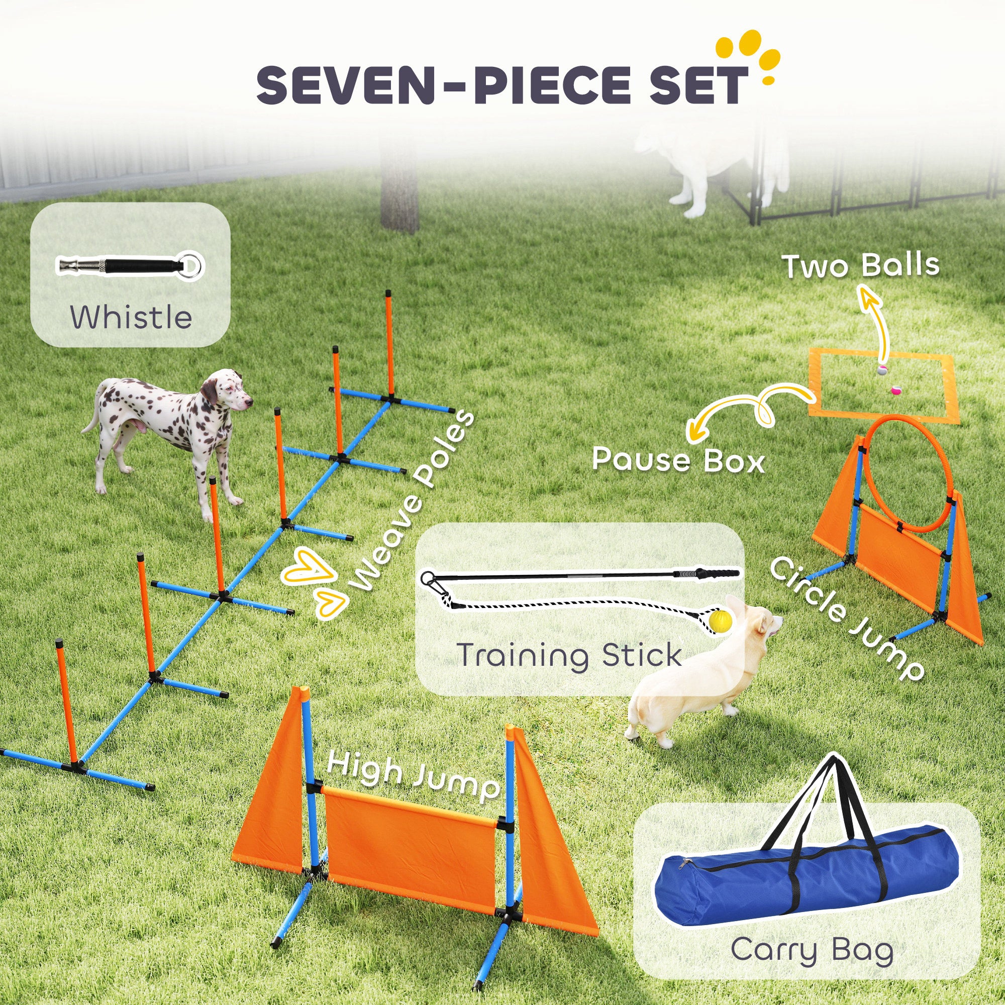 Dog Agility Equipment, 7-Piece Pet Agility Training Set with Weave Poles, Jump Ring, Hurdle, Pause Box, Bag, Obstacle Training Course Kit, Orange