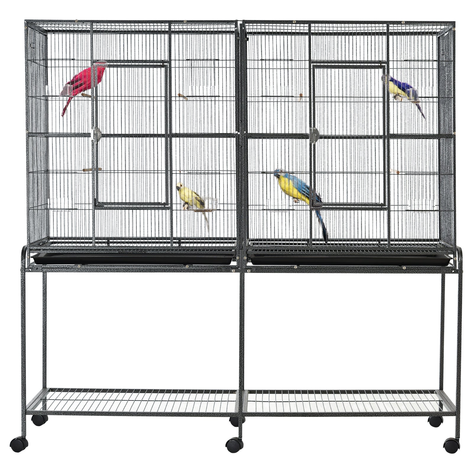 65" Double Rolling Metal Bird Cage with Divider, Large Parrot Cage for Parakeet, Canaries, Lovebirds, Budgie, Finch, with Detachable Rolling Stand, Storage Shelf, Wood Perch & Food Container