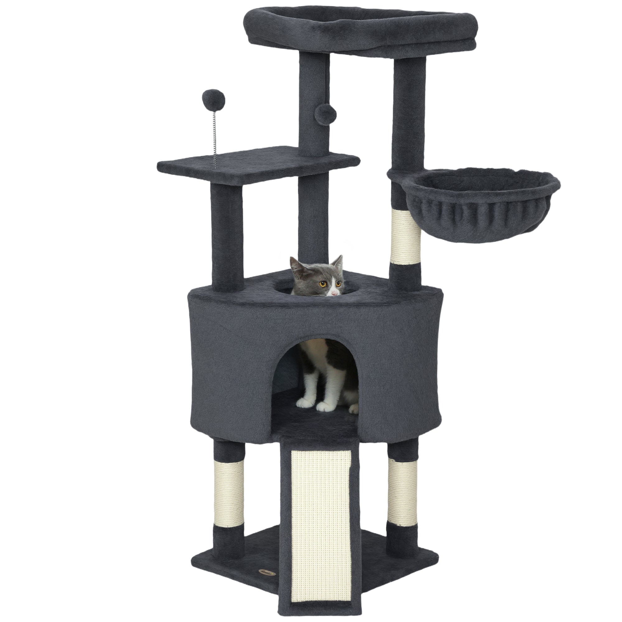 Cat Tree, 47 Inch Cat Tower with Large Cozy Condo, Hammock, Bed, Ladder, Toy Balls, Sisal Scratching Posts, for Indoor Kittens, Dark Grey