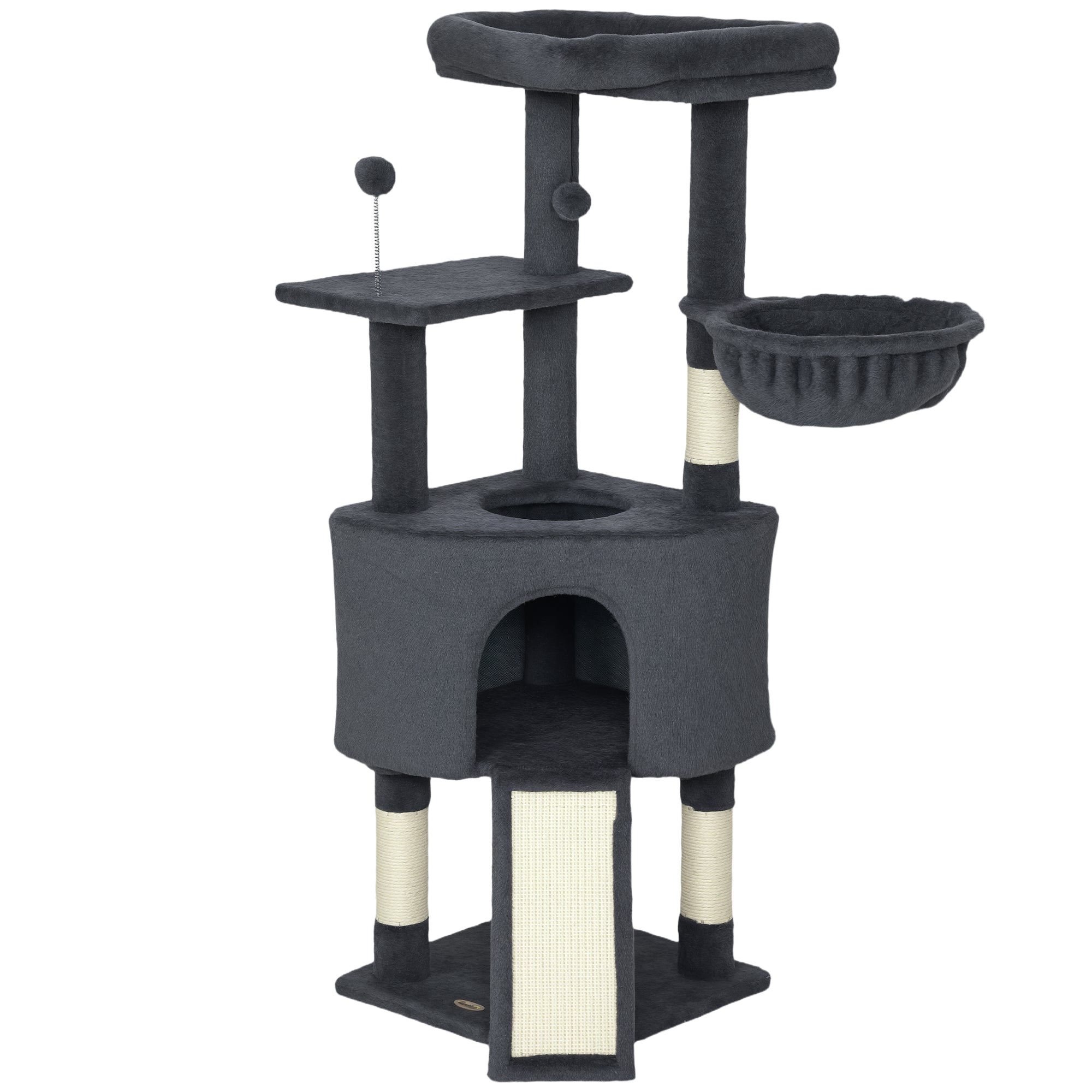 Cat Tree, 47 Inch Cat Tower with Large Cozy Condo, Hammock, Bed, Ladder, Toy Balls, Sisal Scratching Posts, for Indoor Kittens, Dark Grey