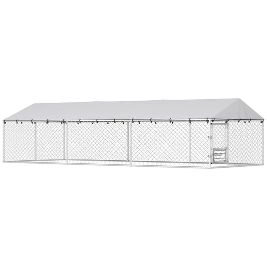 Outdoor Dog Kennel with Roof, 20' x 7.5' x 5' Chain Link Dog Run with Waterproof UV-Resistant Cover, Double Secure Locks, Adjustable Rotating Bowls, for Large Breeds, Chickens, Ducks, Geese