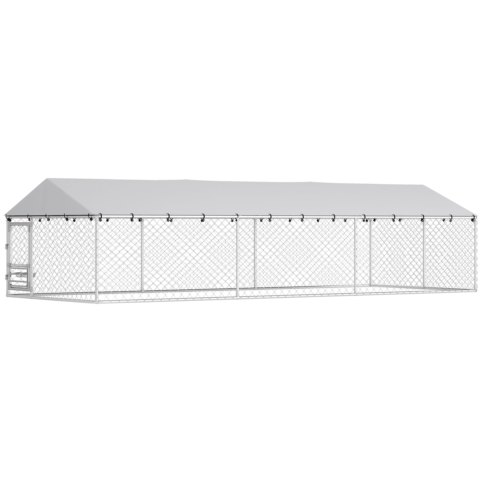Outdoor Dog Kennel with Roof, 20' x 7.5' x 5' Chain Link Dog Run with Waterproof UV-Resistant Cover, Double Secure Locks, Adjustable Rotating Bowls, for Large Breeds, Chickens, Ducks, Geese