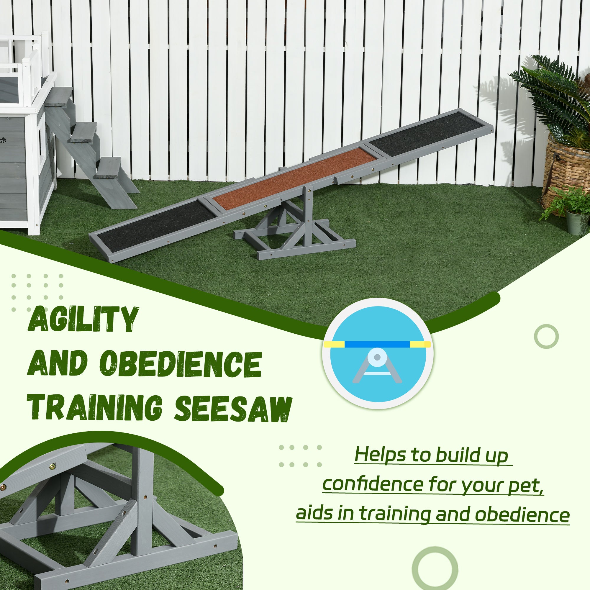Wooden Pet Seesaw for Big Dogs, Agility Training Equipment for Dogs with Anti-Slip surface, 180 x 30 x 30cm - Grey