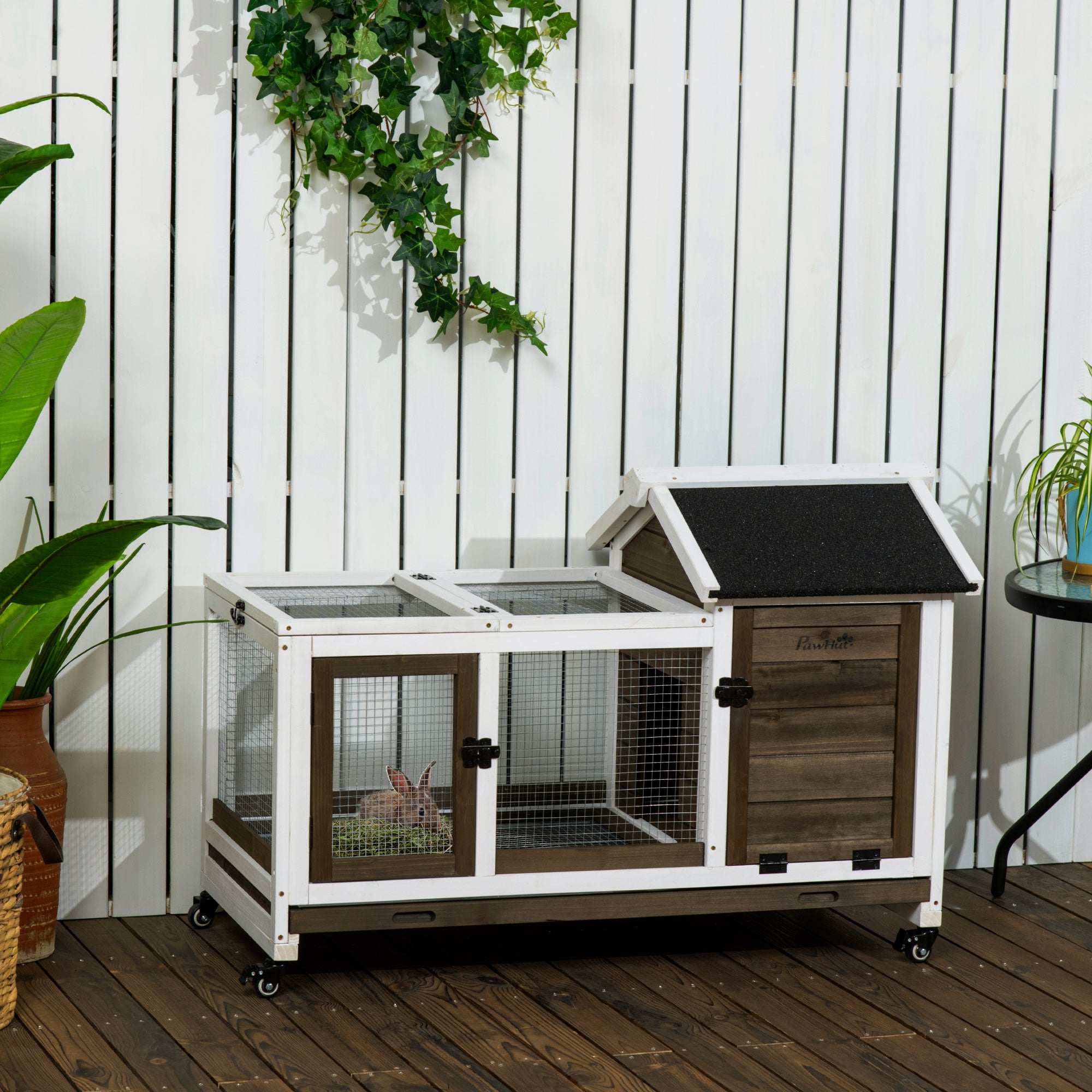 Indoor Rabbit Hutch with Wheels, Bunny Cage with Ramp, Run, Pull Out Tray, Suitable for Rabbit, Guinea Pig, Coffee