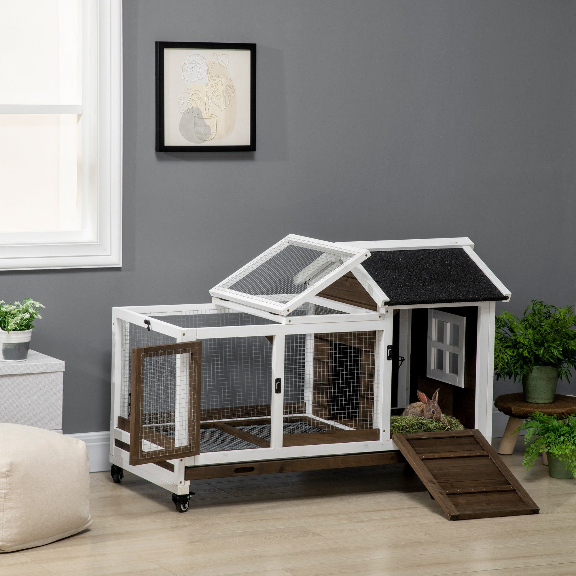 Wooden Rabbit Hutch with Wheels, Guinea Pig Cage, Small Animal House for Outdoor & Indoor with Slide-out Tray, 108 x 58 x 73.5cm, Brown