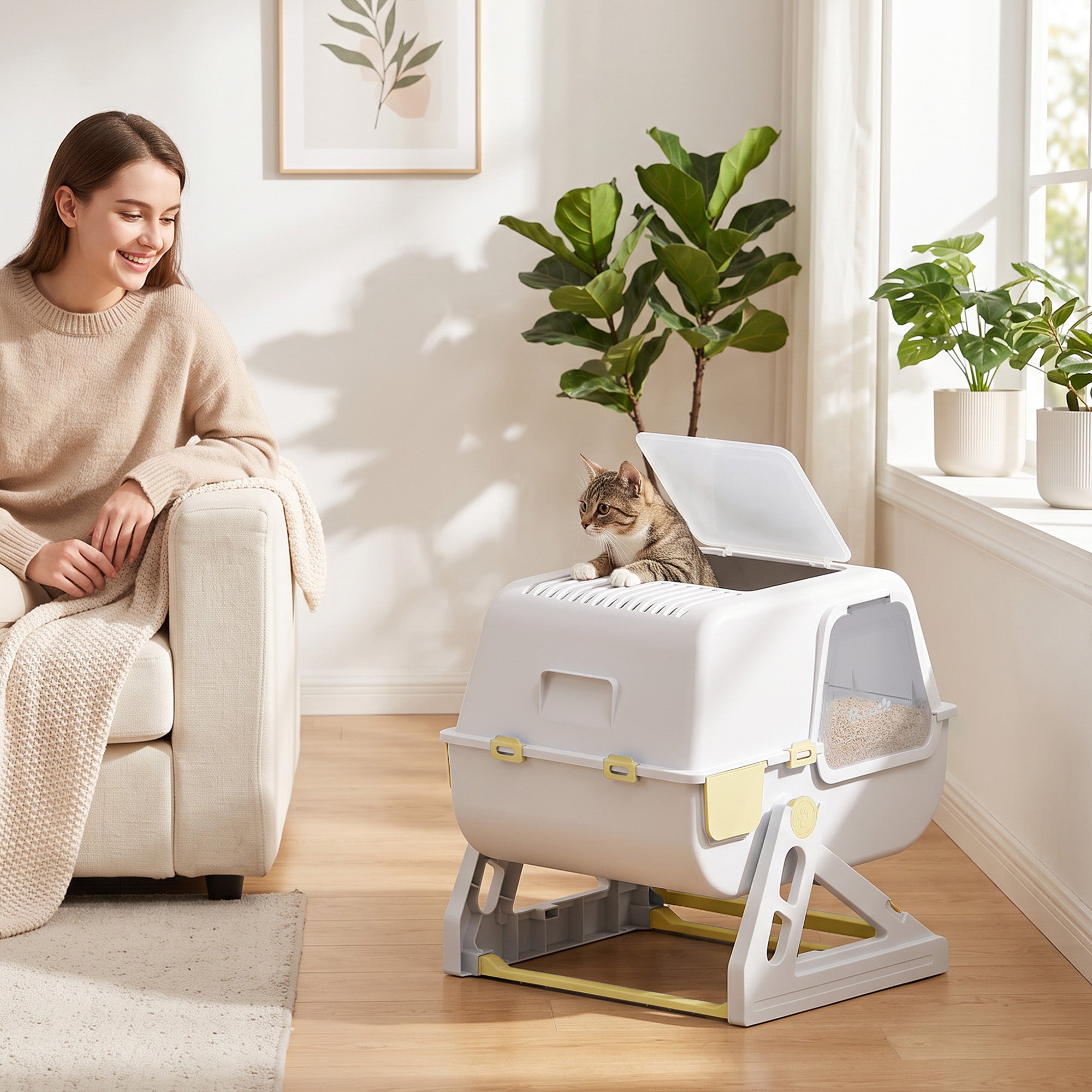 Cat Litter Box with Lid, Enclosed Cat Litter Box with Deodorization Bag & Drawer Pan, High Sides & Flip-to-Clean, Multi-Entry Design, Odor Control, Yellow