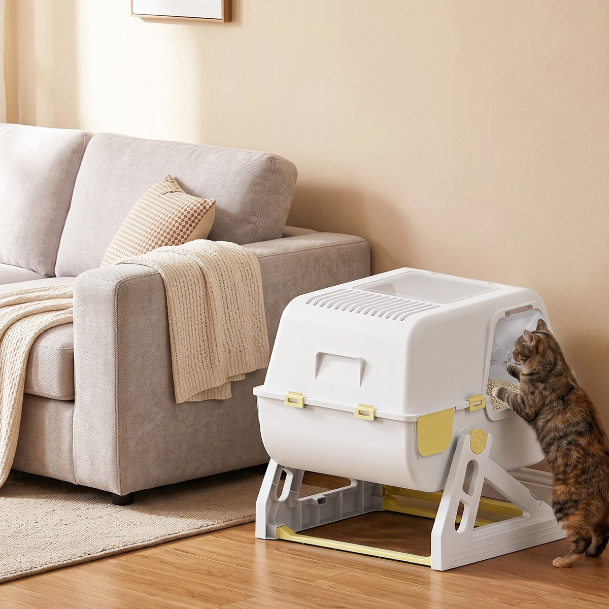Cat Litter Box with Lid, Enclosed Cat Litter Box with Deodorization Bag & Drawer Pan, High Sides & Flip-to-Clean, Multi-Entry Design, Odor Control, Yellow