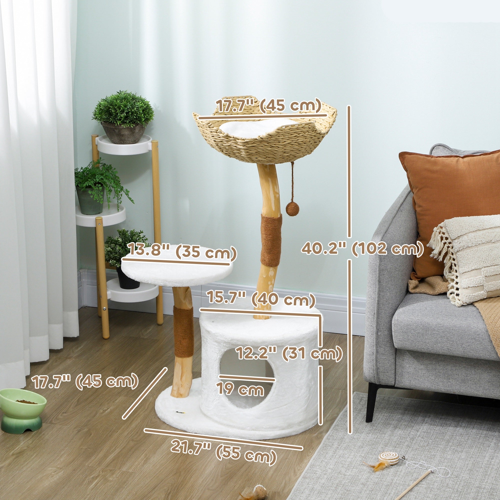 Modern Real Wood Cat Tree, [40"=102CM] Cat Tree for Indoor Large Adult Kittens, Cat Tower with Sisal Scratching Posts, Condo, Perch, Plush Washable Cushion, White
