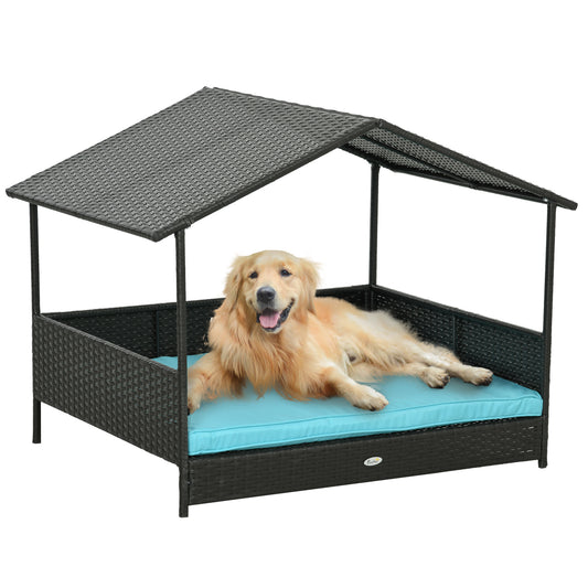 Rattan Dog House Outdoor with Shade Canopy, Elevated Wicker Dog Bed with Soft Cushion Washable Cover, for Medium Large Dogs, Blue