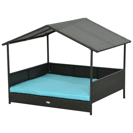 Rattan Dog House Outdoor with Shade Canopy, Elevated Wicker Dog Bed with Soft Cushion Washable Cover, for Medium Large Dogs, Blue